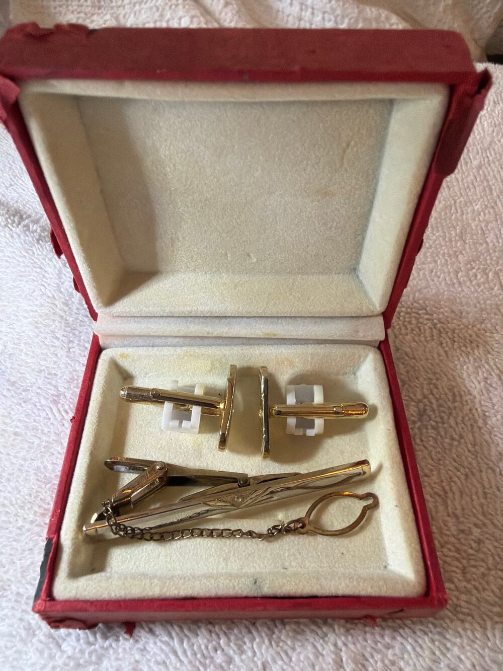 Vintage Gold Tone Tie Bar Cufflinks Set Clear Stone Men's Formal Jewelry Box